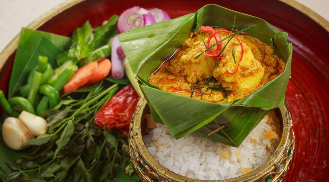 A close up shot of the culinary dish 'fish amok' 