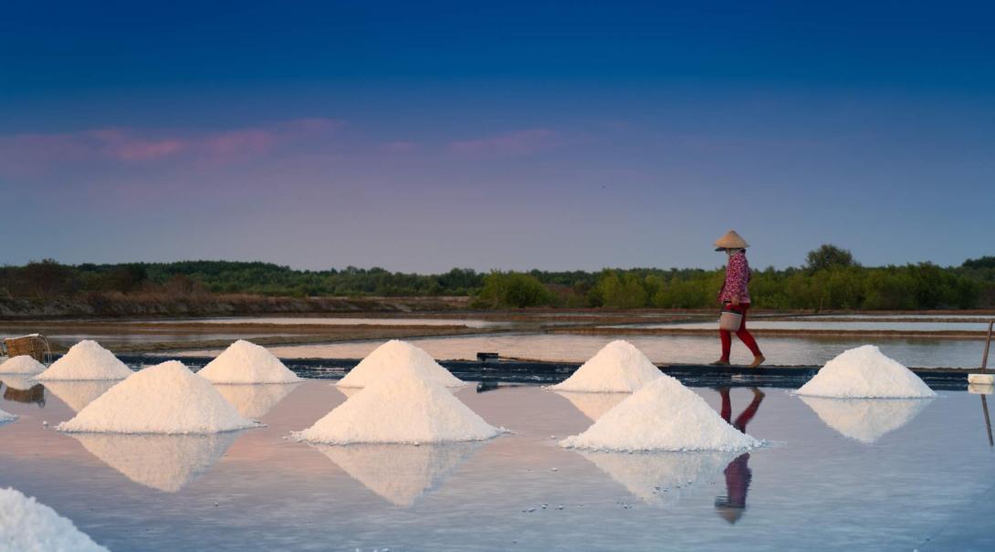 A lone farmer walks between two flooded fields with several mounts of salt visible above the surface