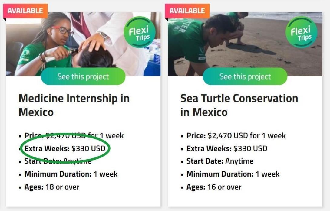Example of where extra weeks prices are shown on the website