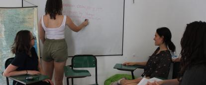 A small group of volunteers in Argentina learn and practice Spanish together.