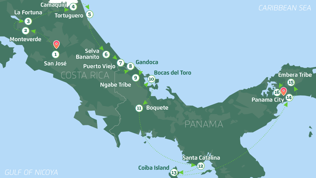 A map showing the full trip for the Gap Adventure with every destination marked in numerical order 
