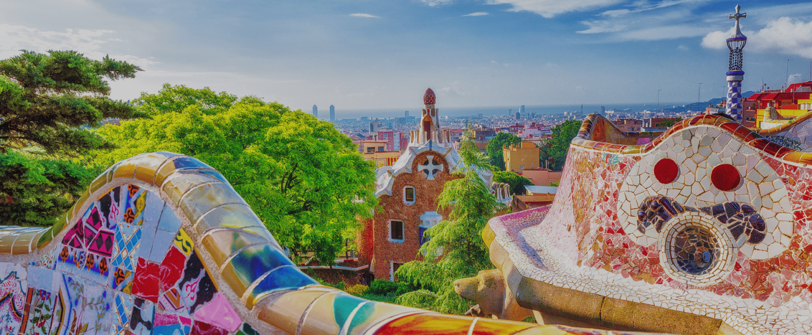 Barcelona, Spain. Gorgeous colourful view of Park Guell - the creation of great architect Antonio Gaudi. UNESCO world heritage site.