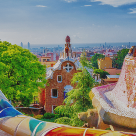 Barcelona, Spain. Gorgeous colourful view of Park Guell - the creation of great architect Antonio Gaudi. UNESCO world heritage site.
